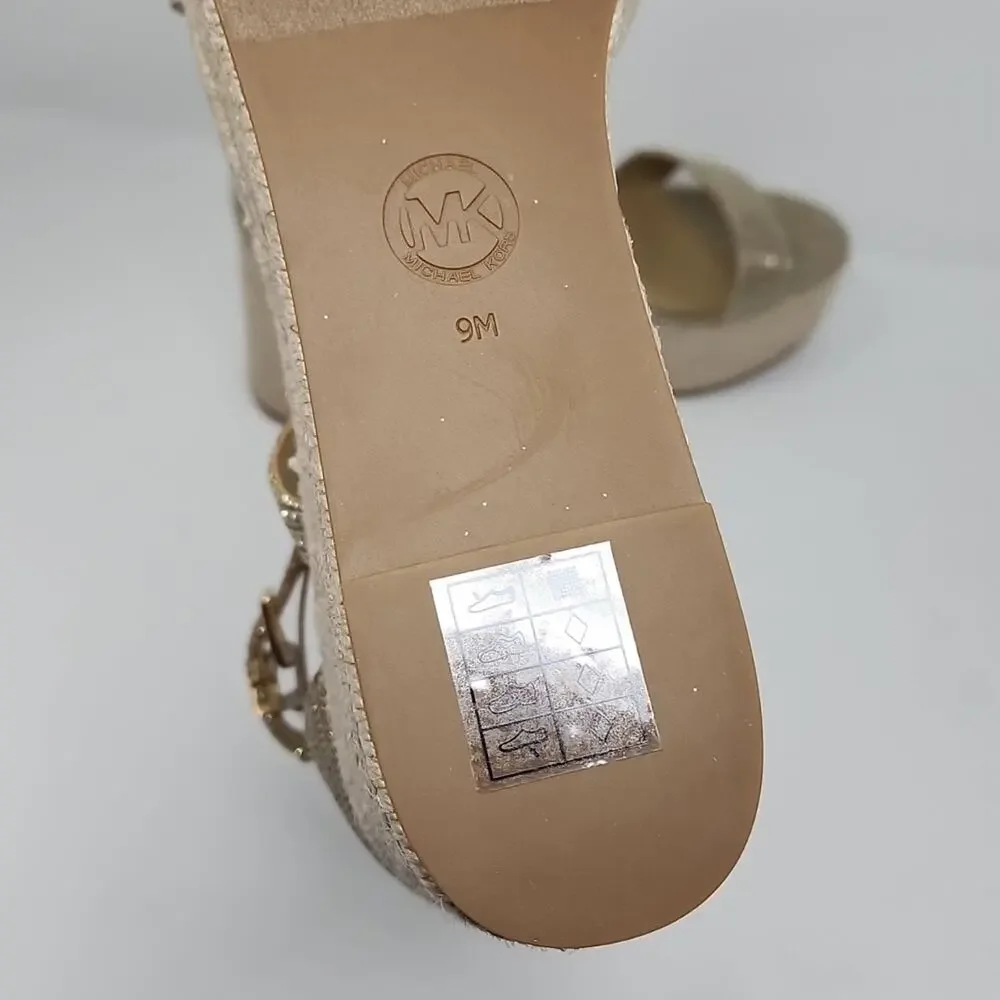 Michael Kors Metallic Gold Serena Espadrilles Platform Wedge Sandals Size 9